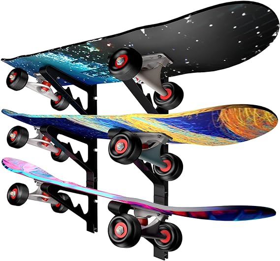 Skateboards on a wall rack